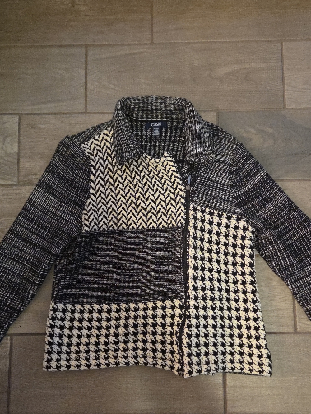 Chaps Black and White Patterned Knit Zip Jacket